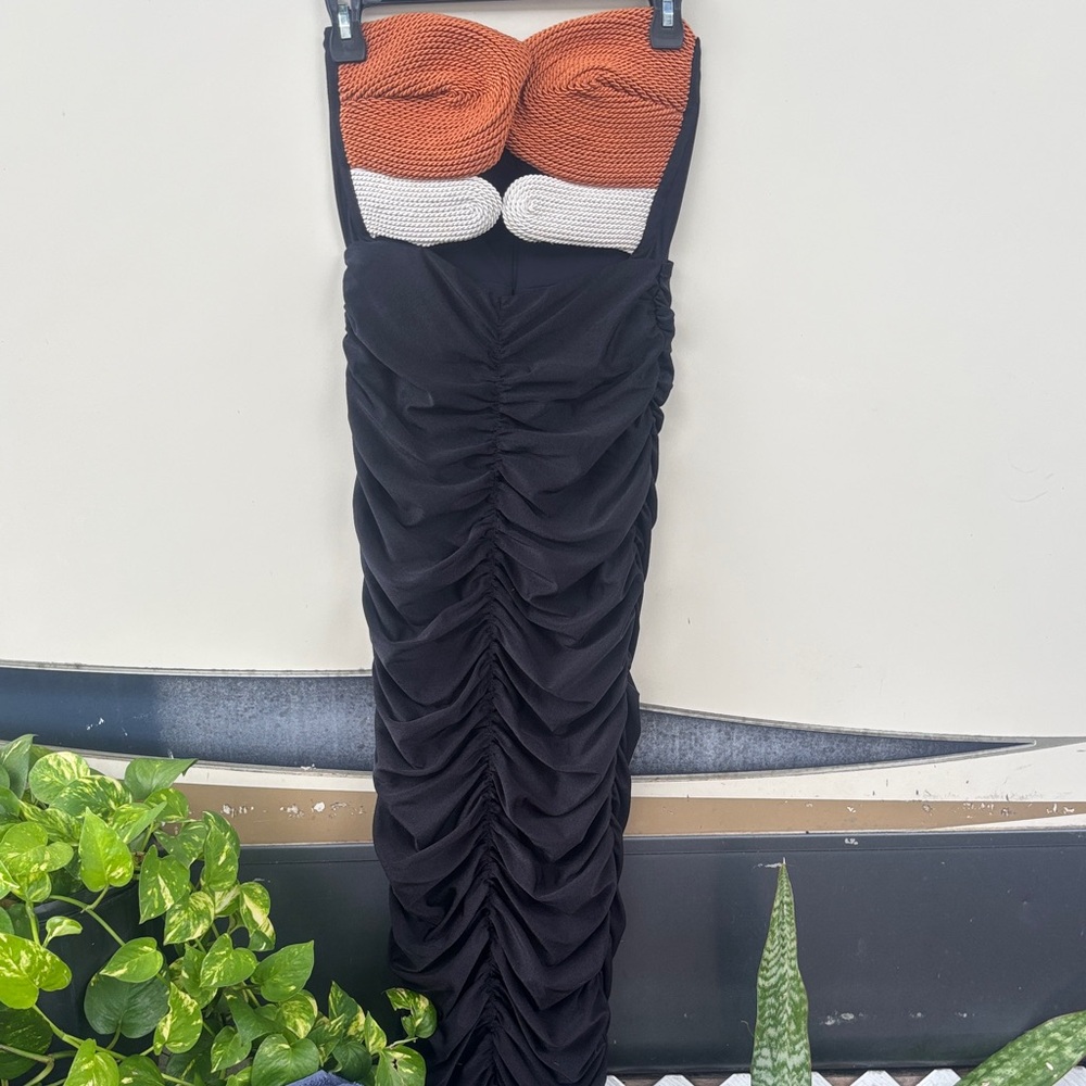 PatBO Strapless Black Dress with Orange and White Accents